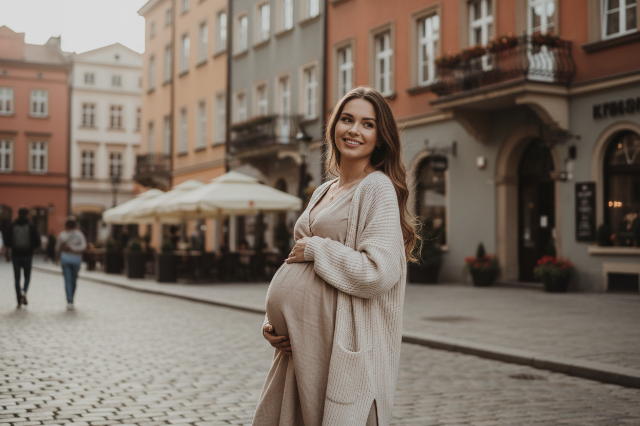 Young poland woman pregnant on the street, photo by iphone 16 pro